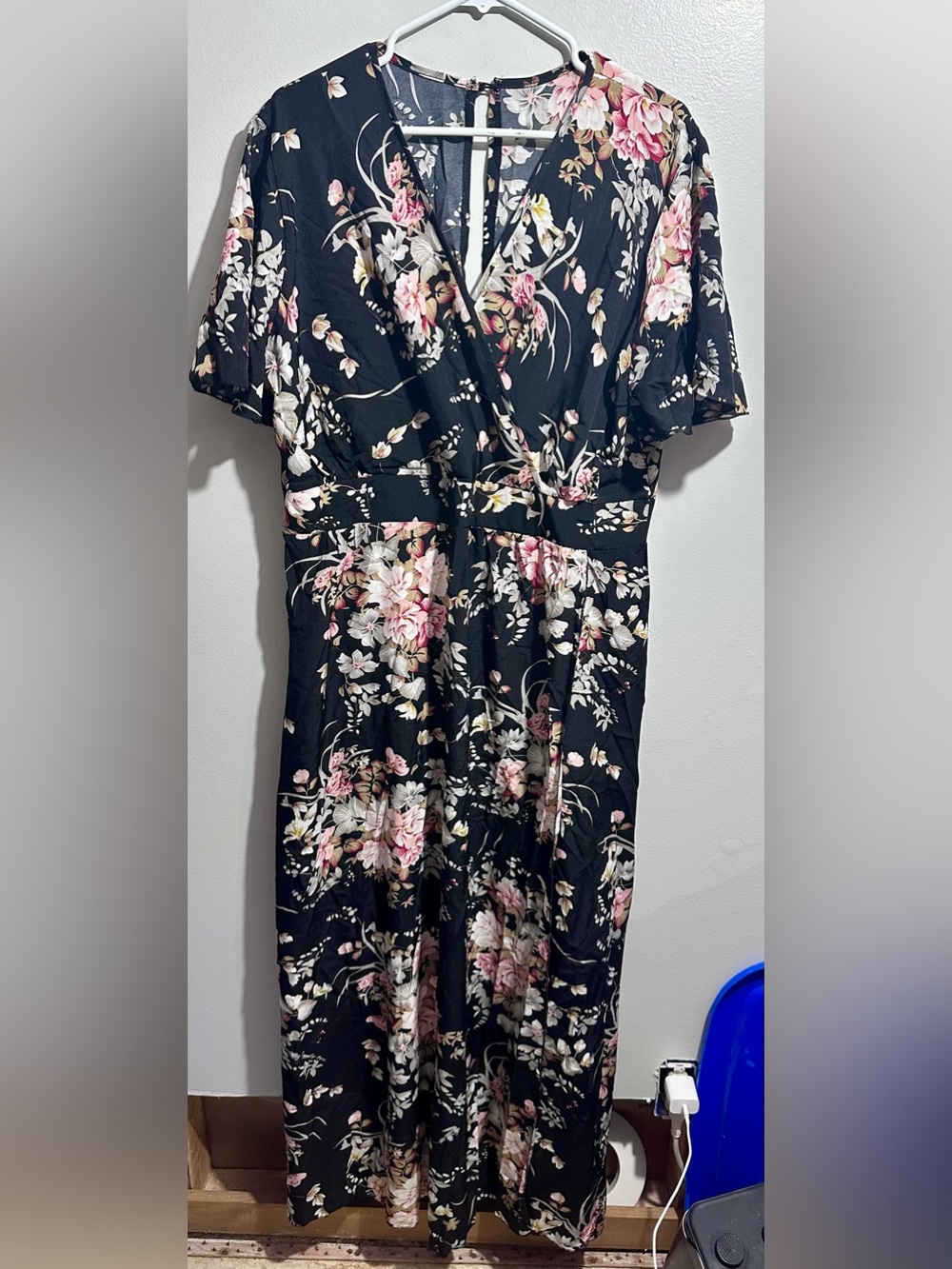 Black Floral Wrap Dress Pink Cream Blooms Size XL (1417)